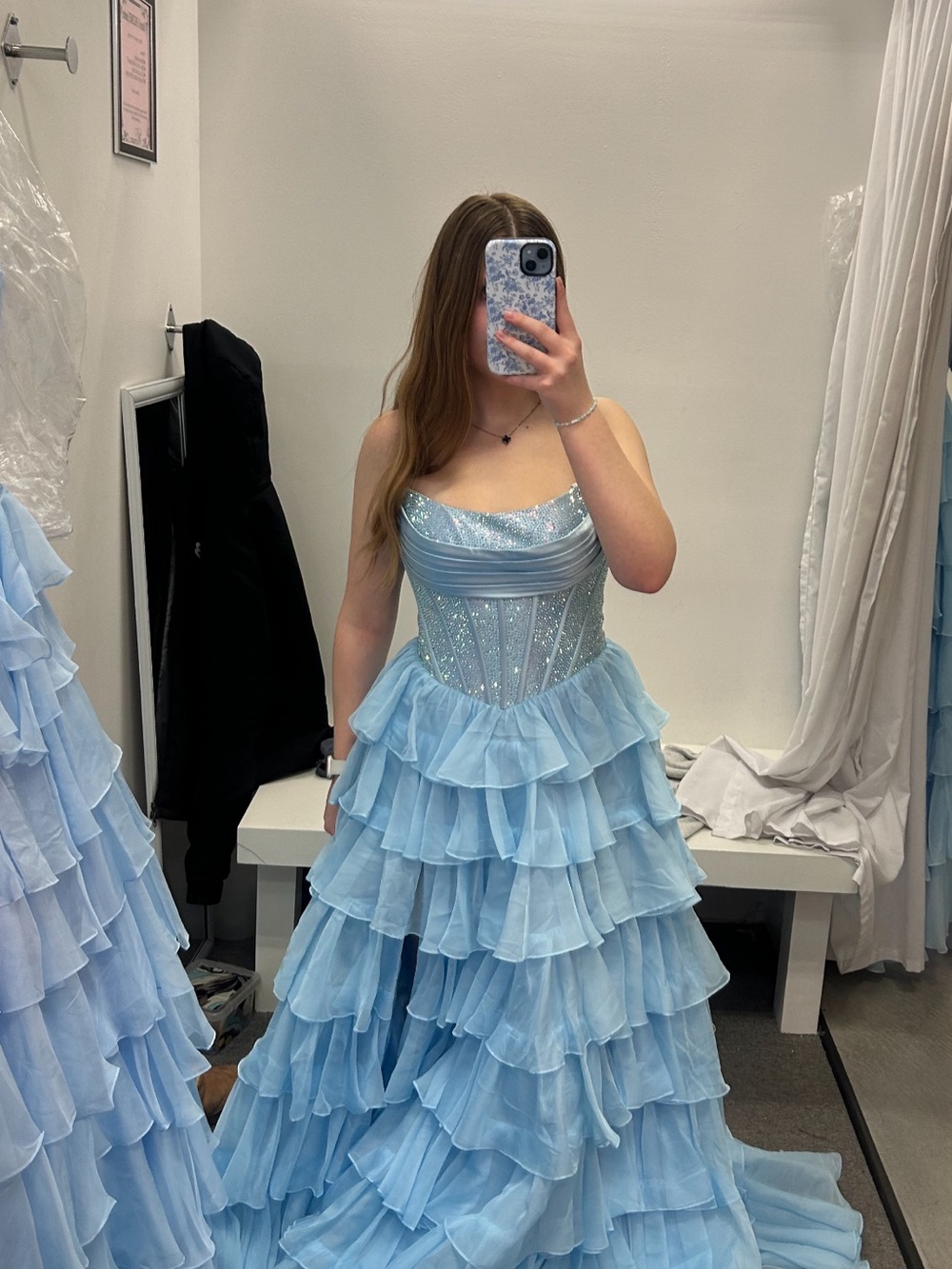 Light Blue Tiered Ruffle Sherri Hill Prom Dress